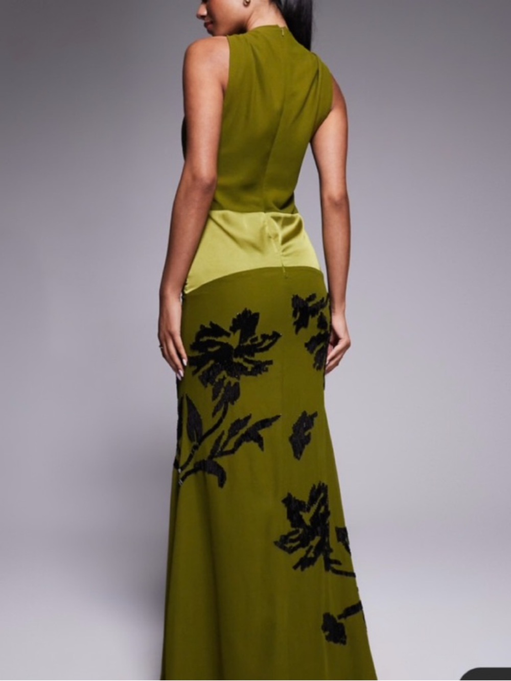 ASOS Olive Green Maxi Dress with Black Floral Appliqué - Picture 3 of 3